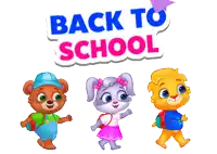 three cartoon characters are walking in front of a sign that says " back to school "