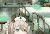 a nurse is sitting in a hospital room surrounded by beds and a ghost .