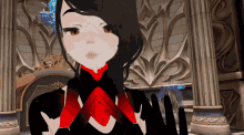a screenshot of a video game shows a girl with red eyes and black hair