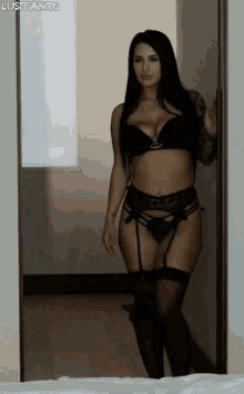 a woman in lingerie is standing in a doorway in front of a window .