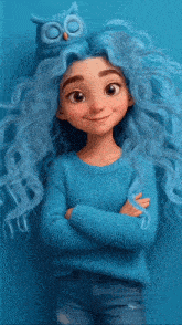 a girl with blue hair is wearing a blue sweater with an owl on her head