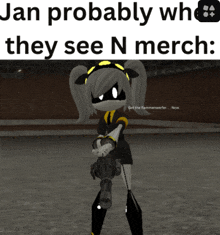 a picture of a girl holding a gun with the words " jan probably who they see n merch "