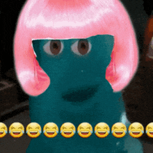 a blue monster with a pink wig is surrounded by laughing emojis