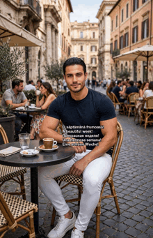 a man sits at a table with a cup of coffee in front of him