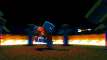 a cartoon character is standing in front of a fire with an arrow in the background