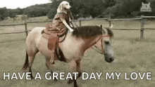 a dog is riding on the back of a brown horse .