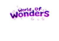 a logo for world of wonders with purple bubbles around it