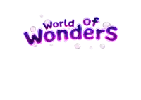 a logo for world of wonders with purple bubbles around it