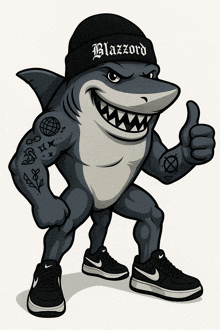 a cartoon shark wearing a black beanie that says blazzard