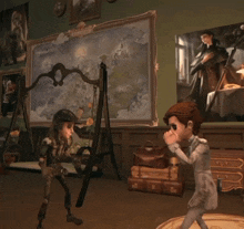 a man in a white coat is standing next to another man in a room with a map hanging on the wall