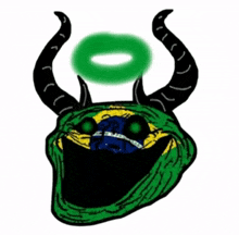 a drawing of a troll with horns and a halo