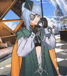 a girl in a green and orange outfit holds a pair of handcuffs around her neck