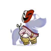 a cartoon drawing of a dog wearing a striped shirt and suspenders