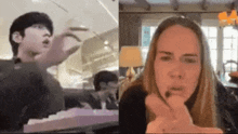a man is playing a piano next to a woman who is making a funny face .