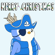 a cartoon of a bird wearing a pirate hat and holding a gift box with the words merry christmas written above it