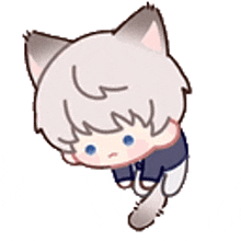 a cartoon boy with a cat 's ears and tail is looking down .