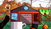 a cartoon drawing of a house surrounded by objects including a cup of coffee