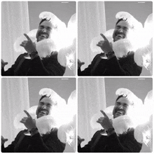 a black and white photo of a man with balloons on his head and a caption that starts with the letters mc