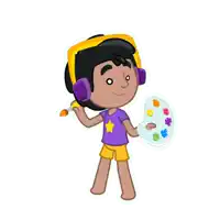 a cartoon boy wearing headphones is holding a brush and a palette