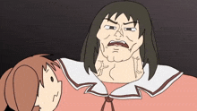 a cartoon of a girl talking to a man with a very angry face