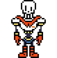 a pixel art drawing of a skeleton with red and yellow arms