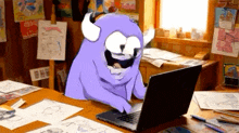 a purple monster is typing on a laptop