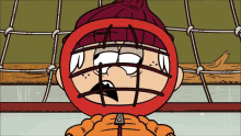 a cartoon character wearing a red helmet with the letter b on the front