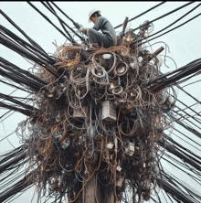 a man is sitting on top of a pole covered in wires and cables