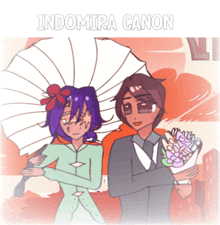 a cartoon drawing of a bride and groom with the words indomira canon above