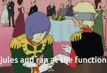 a cartoon of two men sitting at a table with the words jules and ran at the function below them