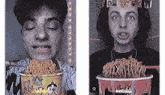 a man is eating noodles from a cup and another man is holding a cup of noodles .