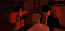 two roblox characters are standing next to each other in a dark room with a lightning bolt on the wall behind them