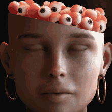 a close up of a woman 's face with a bunch of eyes in her head