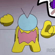 a cartoon character with yellow gloves and a blue head is standing in front of a sign that says rod .