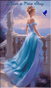a painting of a woman in a blue dress with the words " have a nice day " on the bottom