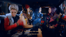 a group of people sitting in a car with a caption that says " you 're looking a little washed out