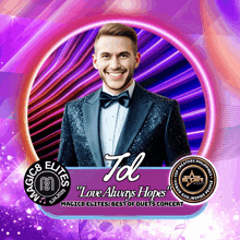 a man in a tuxedo with the name tdl on the bottom