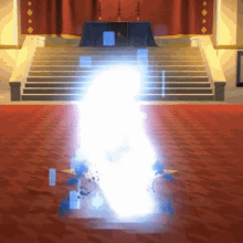 a person is standing in front of a staircase in a room with a light coming out of the stairs .