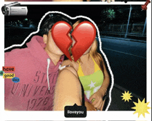a man and woman kissing with a broken heart in front of their faces