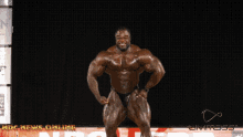 a bodybuilder stands in front of a sign that says limitless on it
