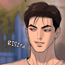 a close up of a man 's face with the word risita next to it