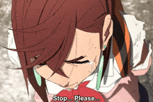 a girl is crying with the words stop please written below her