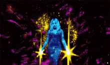 a person is flying through space with purple and yellow lights coming out of them