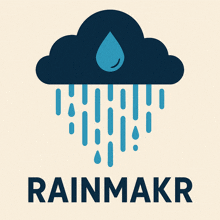a logo for rainmakr with a blue cloud and rain drops