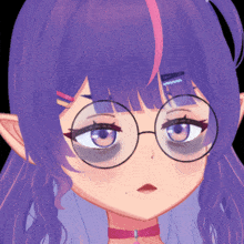 a close up of a girl 's face with purple hair and glasses