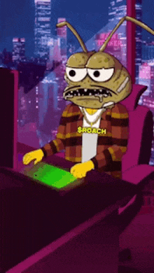 a cartoon character wearing a $ roach necklace