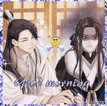 a picture of two men with the words good morning written on it