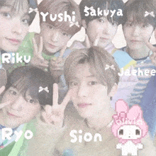 a group of young boys are posing for a picture with the names ryo sion and yushi written on the bottom
