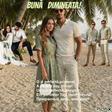 a picture of a man and a woman on a beach with the words buna dimineata at the top