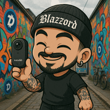 a cartoon of a man wearing a black beanie that says blazzard